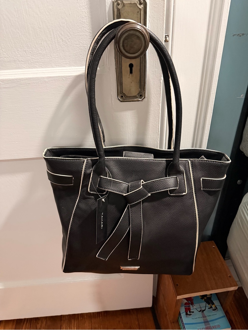 Tahari Black Tote with White Trim and Front Knot